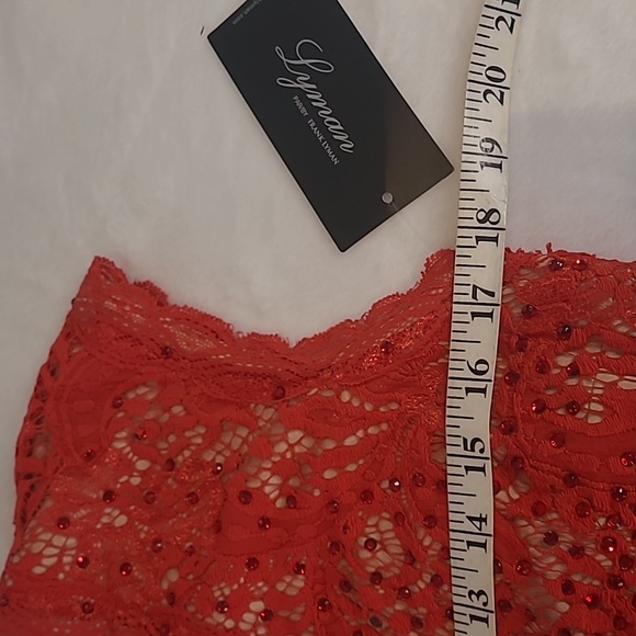 Frank Lyman, red dress, plunging neckline, fully lined, lace, red rhinestones - Picture 9 of 10